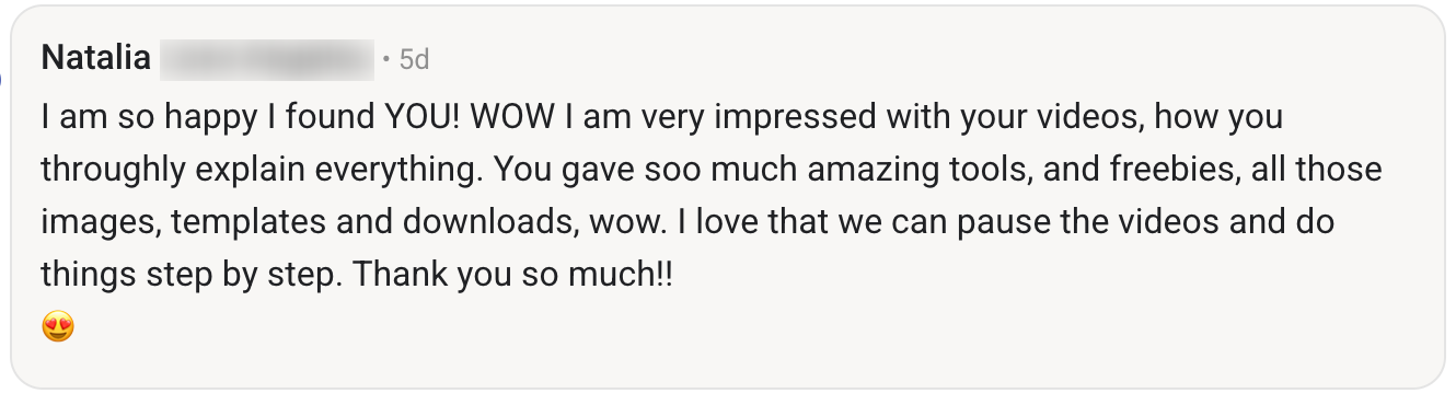 Customer testimonial from Natalia